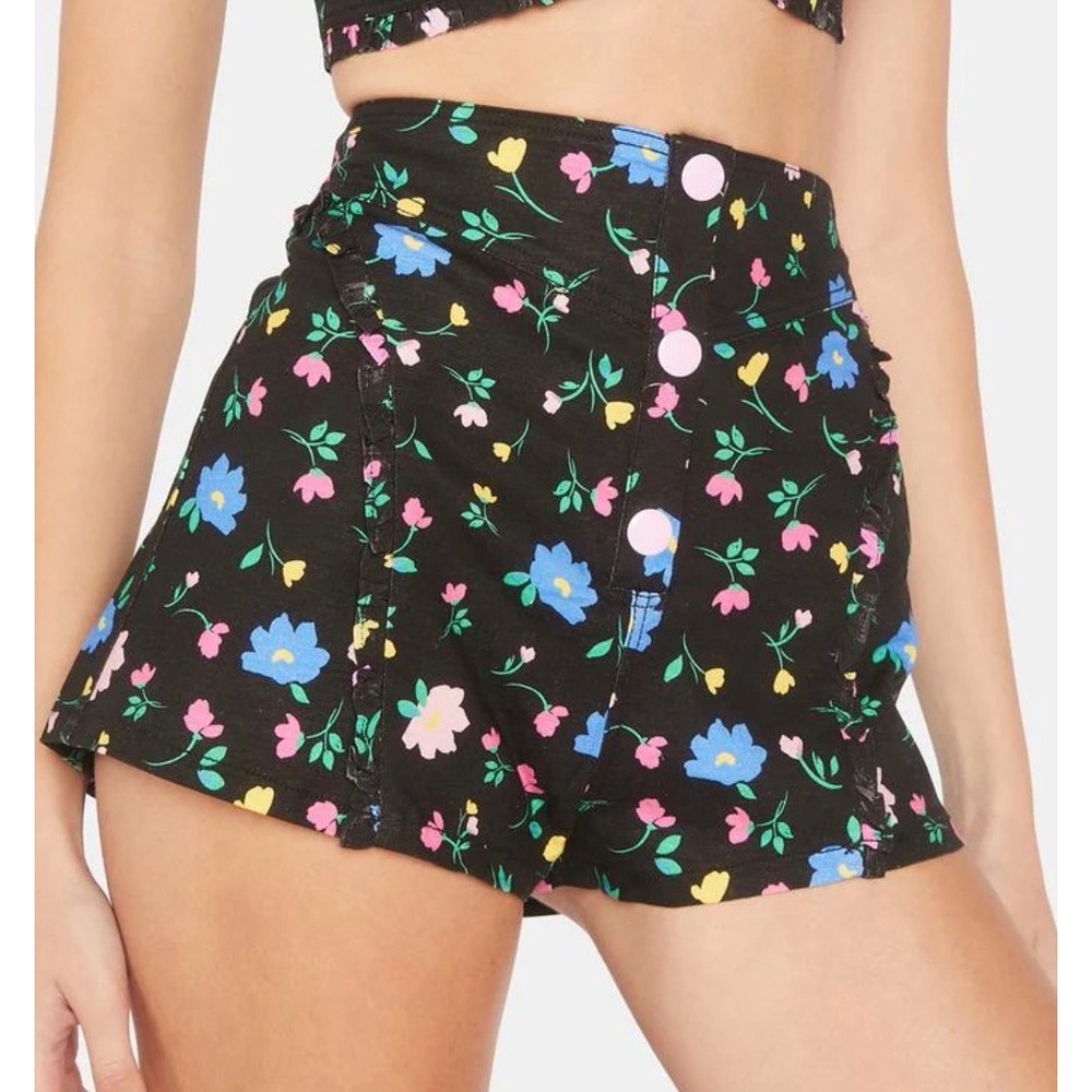 For Love &‎ Lemons Robin Floral Black Linen Blend High Waist Ruffle Shorts Large